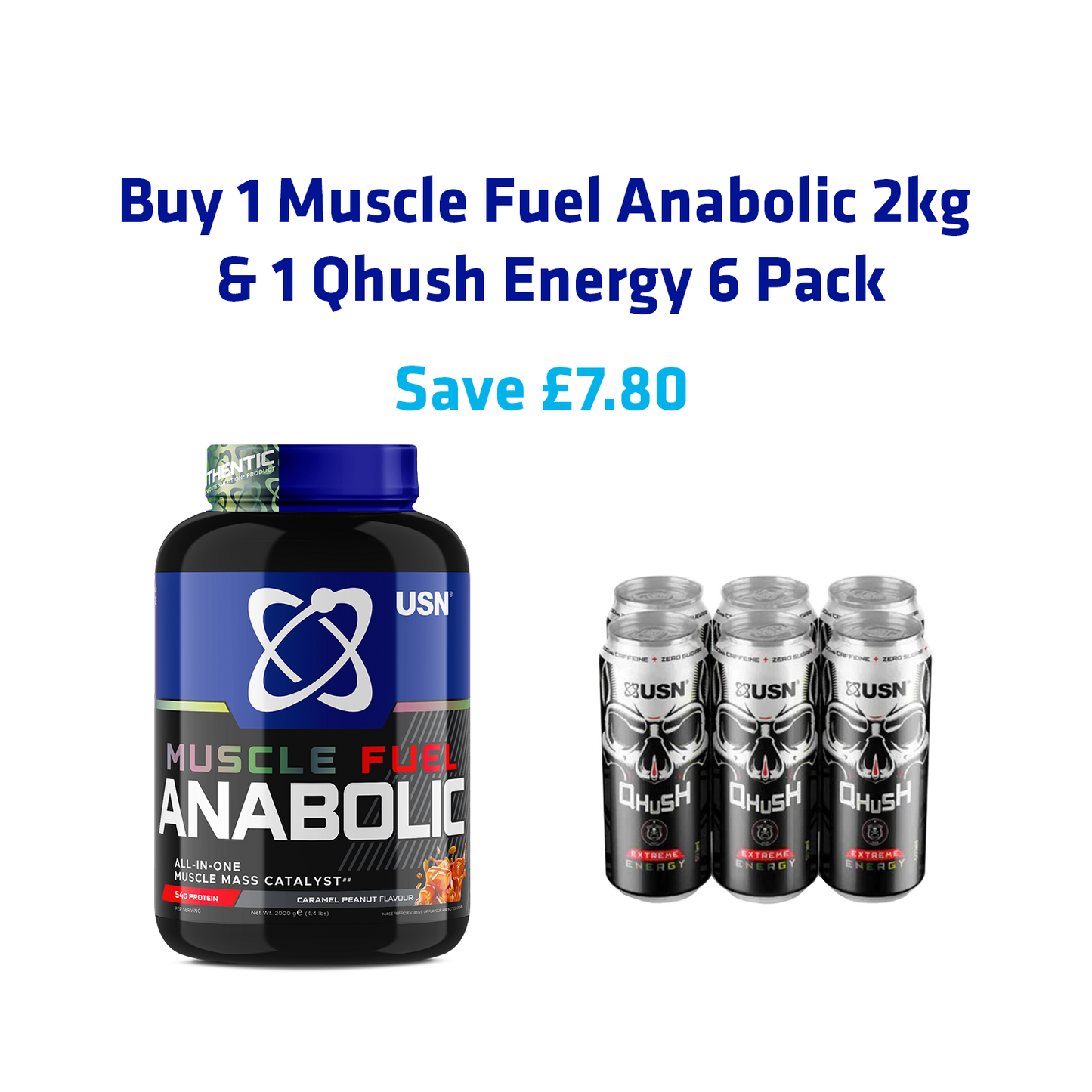 Mass Gainer Bundle 2kg | Muscle Fuel Anabolic 2kg + Qhush Energy Can 6 Pack