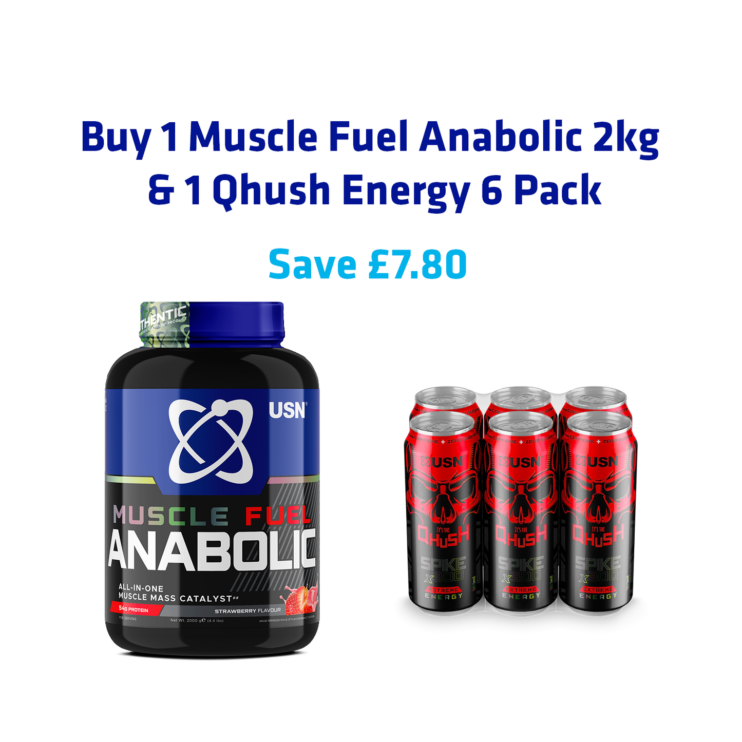 Mass Gainer Bundle 2kg | Muscle Fuel Anabolic 2kg + Qhush Energy Can 6 Pack