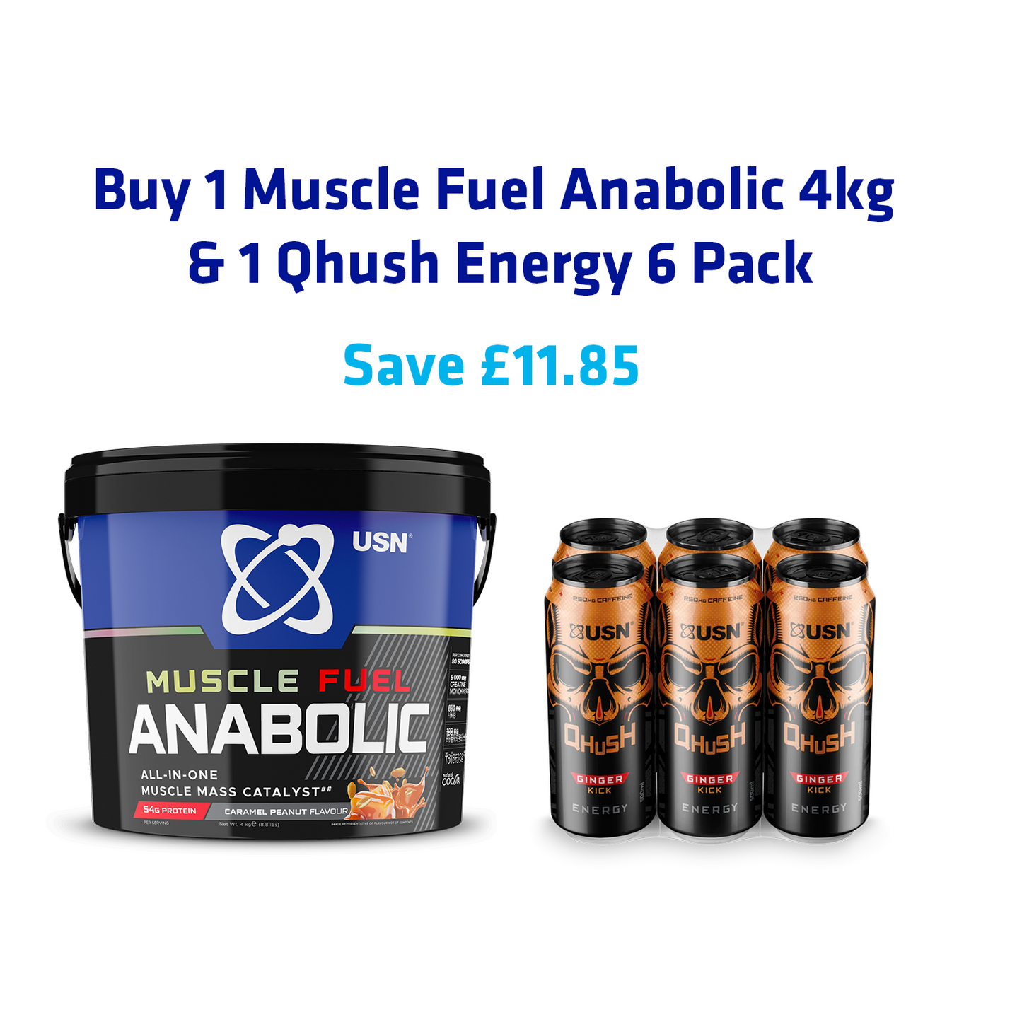Mass Gainer Bundle 4kg | Muscle Fuel Anabolic 4kg + Qhush Energy Can 6 Pack