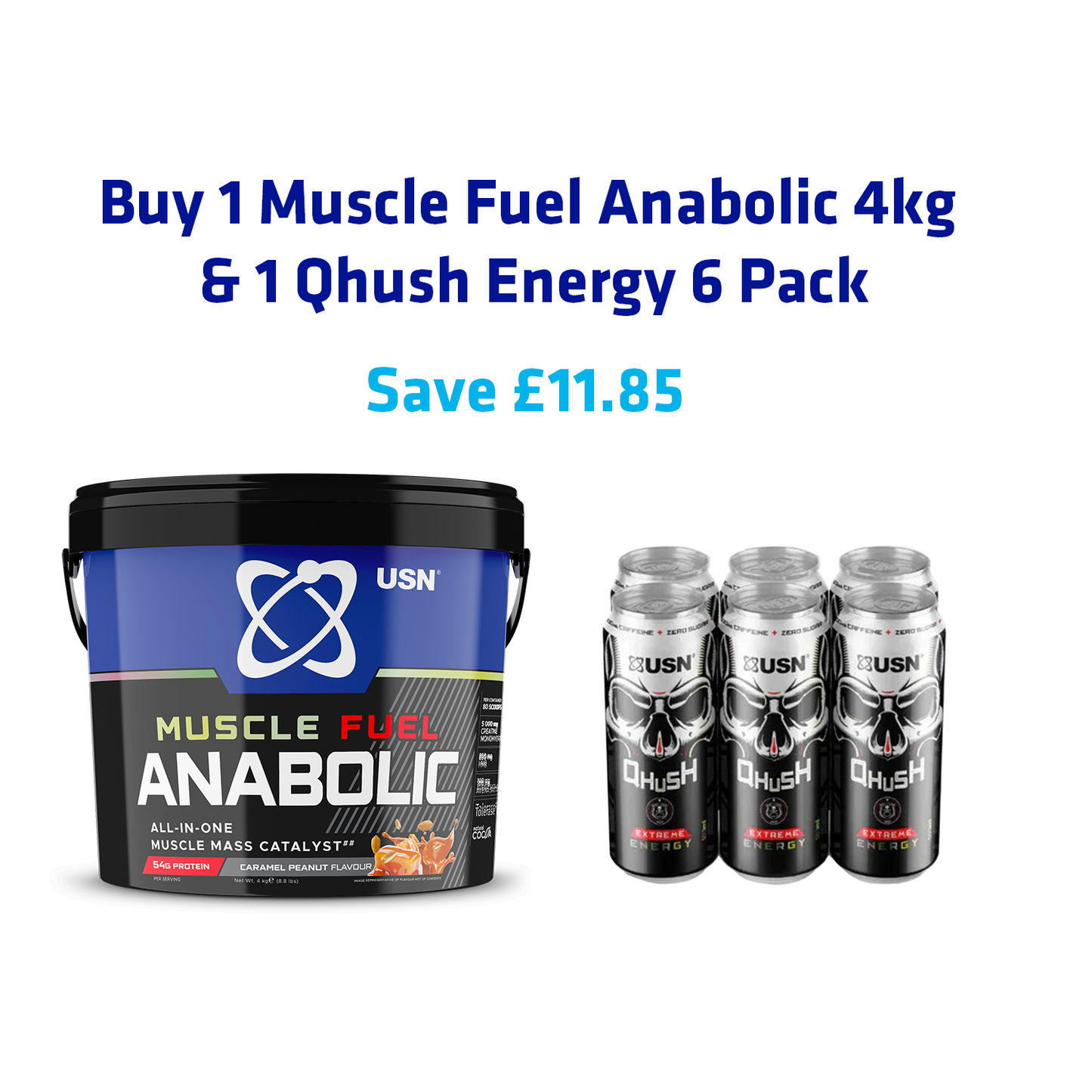 Mass Gainer Bundle 4kg | Muscle Fuel Anabolic 4kg + Qhush Energy Can 6 Pack