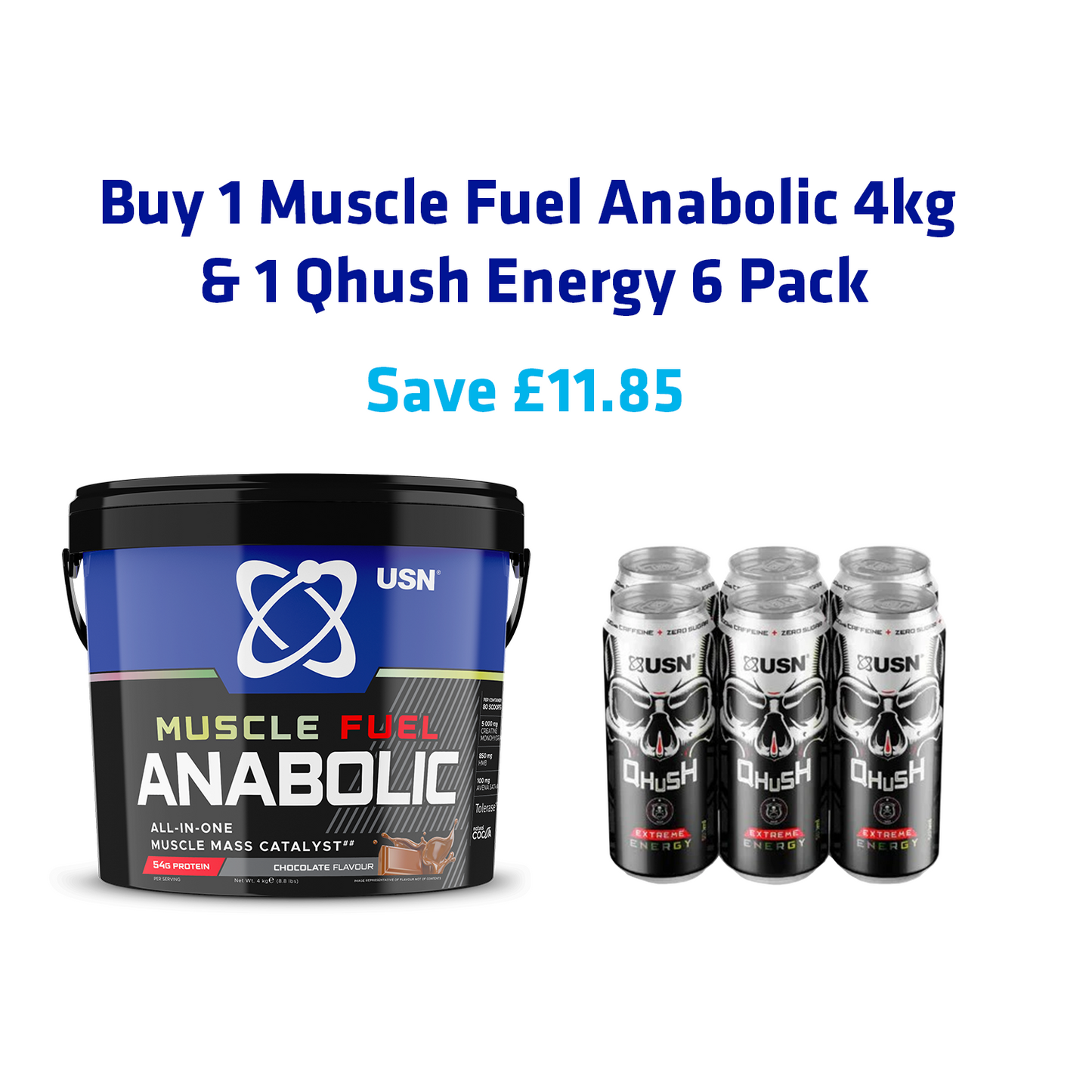 Mass Gainer Bundle 4kg | Muscle Fuel Anabolic 4kg + Qhush Energy Can 6 Pack