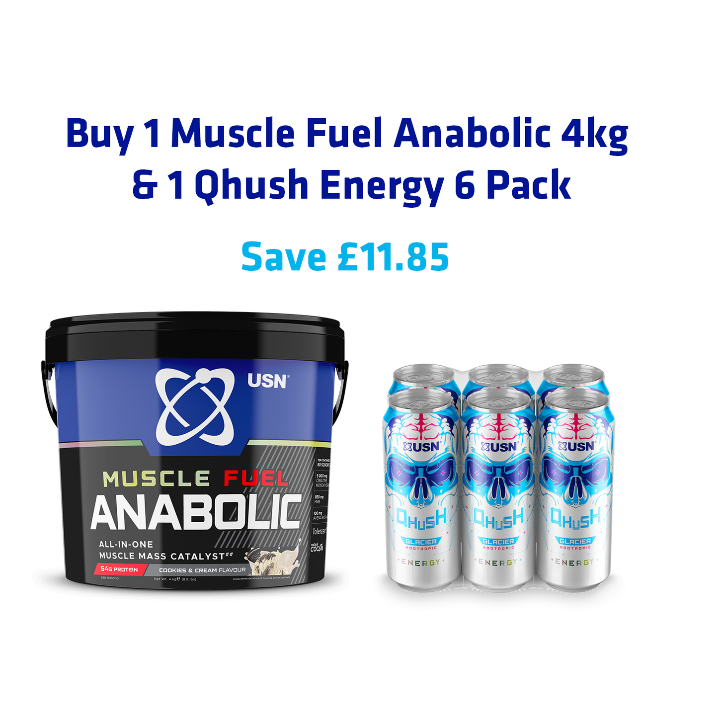 Mass Gainer Bundle 4kg | Muscle Fuel Anabolic 4kg + Qhush Energy Can 6 Pack