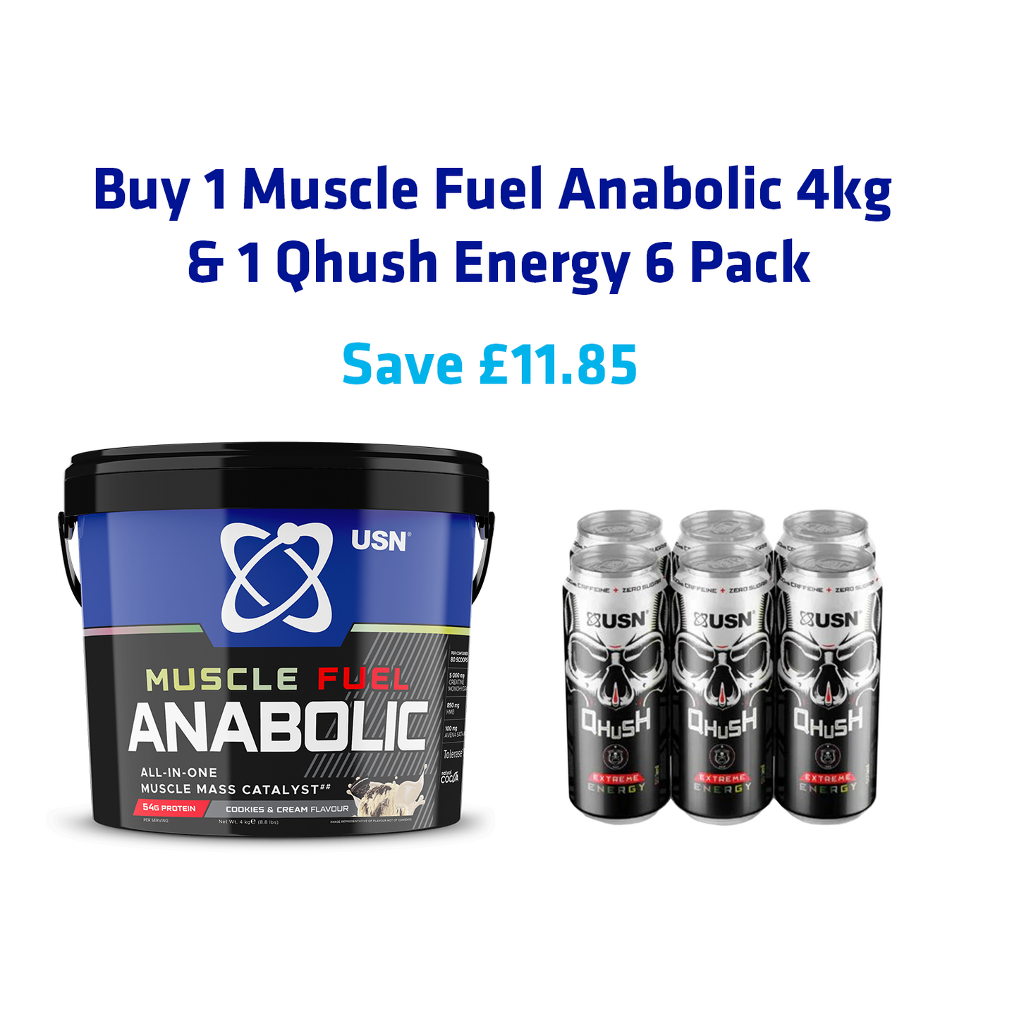 Mass Gainer Bundle 4kg | Muscle Fuel Anabolic 4kg + Qhush Energy Can 6 Pack