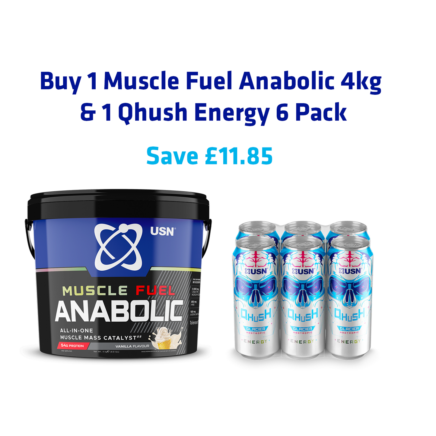 Mass Gainer Bundle 4kg | Muscle Fuel Anabolic 4kg + Qhush Energy Can 6 Pack